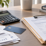 Bankruptcy paperwork, calculator, and credit card representing Chapter 7 bankruptcy after divorce