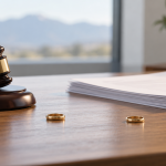 Gavel, divorce papers, and separated wedding rings representing divorce decree enforcement in Utah